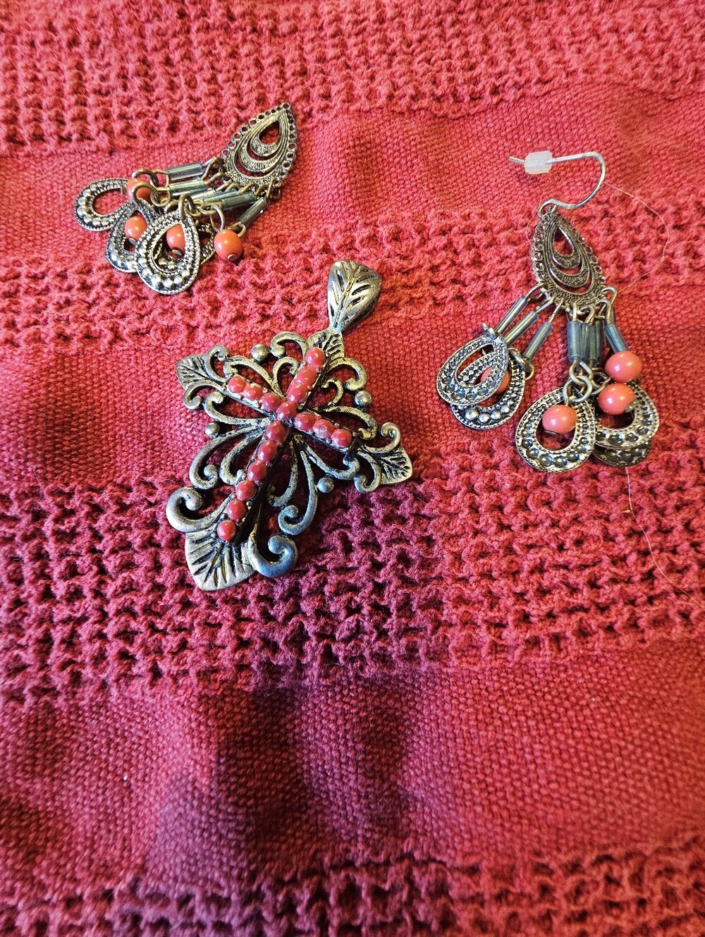 Silver And Coral Cross Pendant With Matching Earrings
